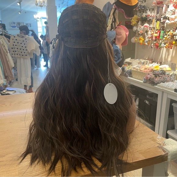 - Human hair blend brown /blonde highlights wig with bang main image 7